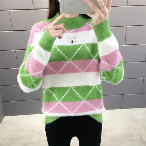 Winter Womens Thickened Imitation Mink Velvet Half-High Collar Base Loose Knit Sweater