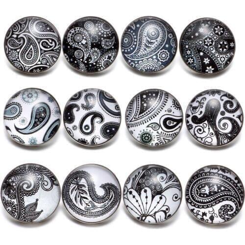 12pcs/lot Black&White Theme Paisley Element Pattern 18mm Snap Button Charms For 18mm Snaps Bracelet Snap Jewelry KZ0629a