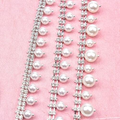 2 Rows Diamond Pearl Chain Tassel Pendant Rhinestone Flower Ribbon Crystal Bridal Trim Sew on Garment Collar Jewelry Accessories