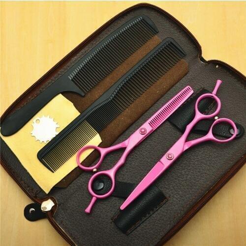 4Pcs 5.5'' Suit Customized Brand Logo Pink Professional Human Hair Scissors Hairdressing Cutting Shears + Thinning + Combs C1013
