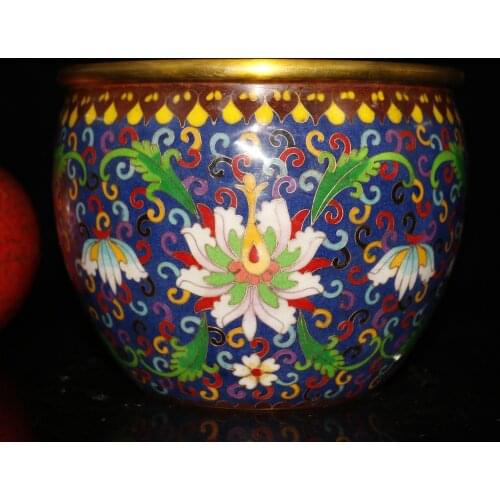 8"Chinese temple collection Old Bronze Cloisonne Enamel Blooming flowers Pen wash Big tank Ornaments Town House Exorcism