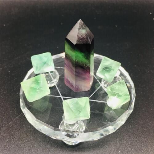 8cm Natural crystal fluorite wand reiki stone with plate A set seven star array