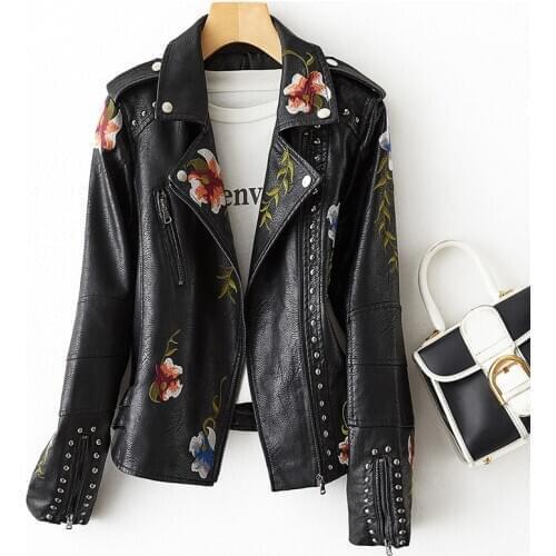 Ailegogo New Women Retro Punk Style Fuax Leather Jacket Moto Biker Embroidery Floral Print Rivet Black Pu Coat Oversized Outwear