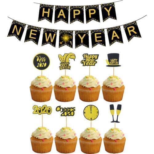 Besegad 1 Set HAPPY NEW YEAR Banner Garland Wall Hanging Decor with 8pcs Cupcake Topper Cake Pick for 2020 New Year Party Supply
