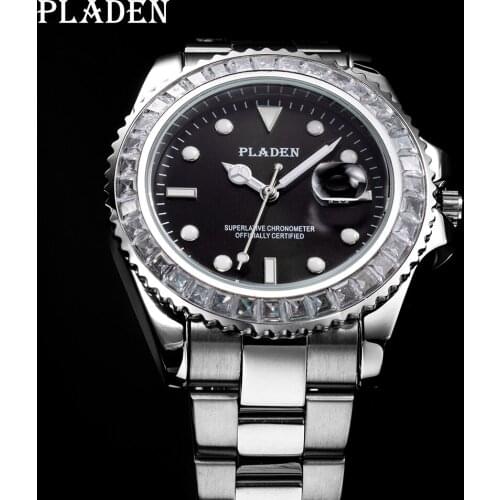 PLADEN Silver Wrist Watches Men White Baguetti Diamond Stainless Steel Relogio Swim Dive Luminous Hand Quartz Watch AAA Man Gift