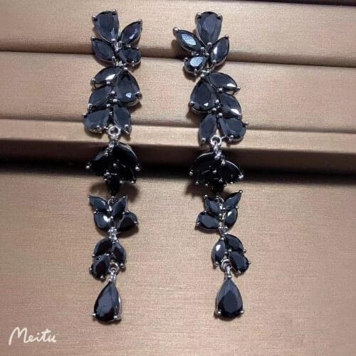 Bilincolor fashion trendy cute cubic zirconia branch wedding bridal long black drop earring for women