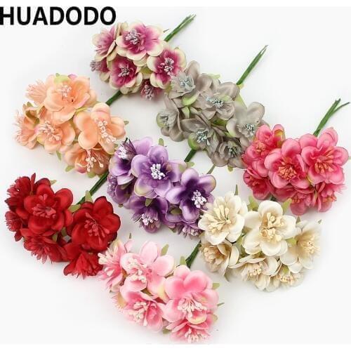 HUADODO 6pcs 4cm Artificial Plum flowers With Stamen Mini Silk flower For Wedding decoration Scrapbook Wreath DIY Fake flowers
