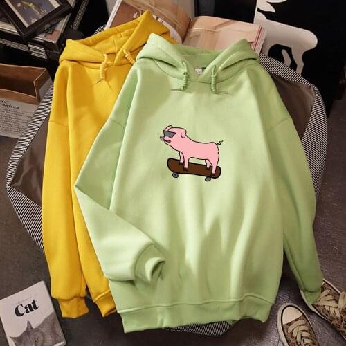 Cool Hoodies Oversized Skateboard Pig Printed Pocket Hooded Sweatshirts Harajuku Winter Korean Pullovers Women Funny Hoodie