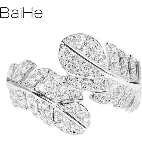 BAIHE Solid 14K White Gold Total 0.44ct Natural Diamonds Fine Jewelry Diamond Jewelry Engagement Ring feather Diamond Gift Ring
