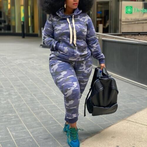 4xl 5xl Plus Size African Clothes Sets For Women Camouflage Print Hooded Hoodies Tops & Pants Fashion High Street Matching Sets
