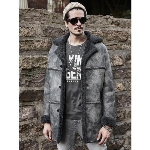 Shearling Sheepskin Genuine Leather Coat Mens Brown B3 Bomber Jacket Mens Winter Long Fur Thick Wool Fleece Jacket Trench Coat