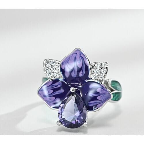 Fashion Shiny Big Purple Flower Enamel Wedding Rings for Women Brilliant Crystal Zircon Rings Unique Bridal Party Jewelry