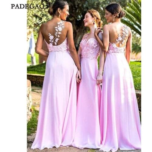 Fashion Pink Bridesmaid Dresses A-Line Lace Appliques Floor-Length One Shoulder Chiffon Bridesmaids Dress Custom Made
