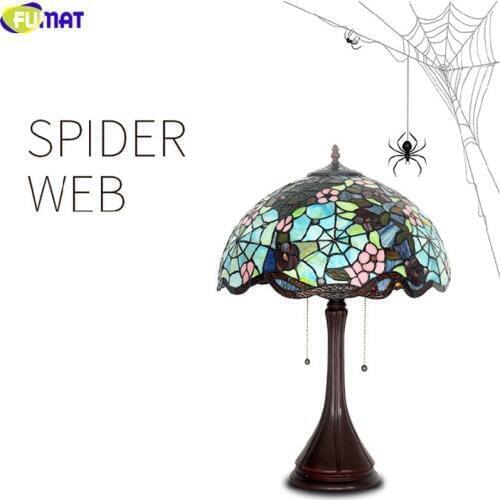 FUMAT Tiffany Style Desk Sspider Man Web Stained Glass Lampshade Blue Red Green Peach Flower Table Light Classical Art Lighting