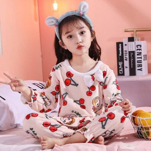 New Winter Flannel Warm Velvet Pajamas For Baby Girls Long Sleeve Pants Suit Sleepwear Kids Children Nightwear Home Clothes