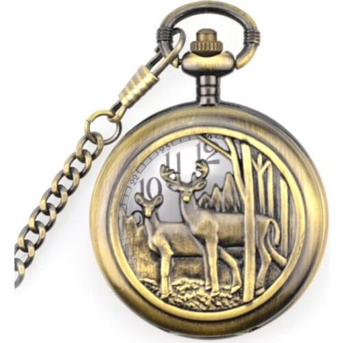 New Unique Retro Bronze Pocket Watches Deer Design Quartz Pocket Watch with FOB Chain Mens Womens Gifts