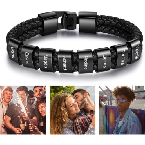 Personalized Family Names Mens Bracelets Genuine Leather Braided Rope For Male Custom Engraved 1-9 First Name Beads Jewelry Gift