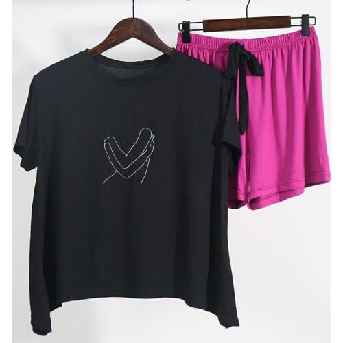 Art Line Print Pajamas Cotton Harajuku Sleepwear for Women Outdoor Short Sleeve Pajamas Casual Girls Thin Home Wear Set