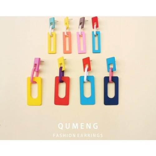 QUMENG 2020 Korea New Geometric Irregular Square Acrylic Earrings for Women summer candy Colorful Spray Paint stud Earrings