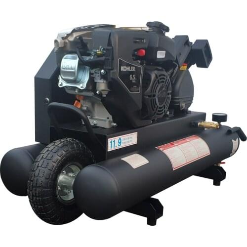US Service - Gas Driven Piston Air Compressor 6.5HP One Stage 9.5Gal Twin Tank - 11.6cfm @Max 125psi - KOHLER Engine Wheelbarrow