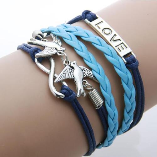 Vintage 2018 Love Birds Rudder 8 Wax Cords Multilayer Braided Bracelets Link Chain Silver Plated Bracelets Women Jewelry Ab058