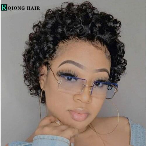 RQIONG Hair Curly Bob Wigs Lace Front Human Hair Wigs Peruvian Virgin Short Pixie Cut Wig For Black Women Deep Water Wave Wigs
