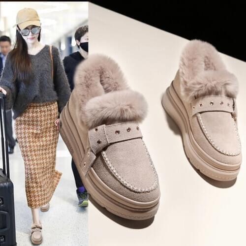 Womens Shoes Plus Velvet thick-sole Wedges Warm Shoe Woman Cotton Boots Increase Heels Female Furry Shoes Black Beige