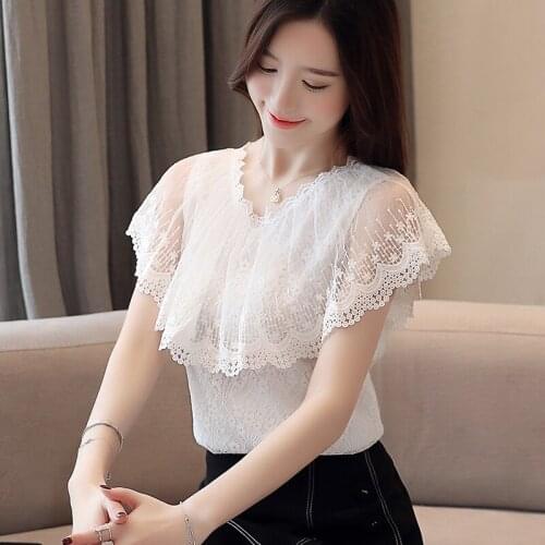 Blouses Womens Chiffon Top Short Sleeve Lace Shirt Summer Fashion Solid Color Office Shirts