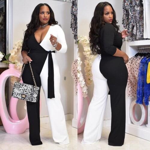 Autumn Long Jumpsuit Women Fashion Plus Size Color Matching Long Sleeve V-neck Wide-leg Jumpsuit Women