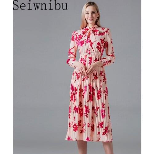 2020 Designer Summer Women Fashion Floral Print Midi Party Bow Dresses Female Holiday Dress Vestidos Robe Femme