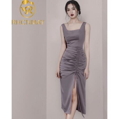 Korean Split Sexy Elegant Occupation Dress Women Summer Square Collar OL Office Dresses Sheath Bodycon Tank Vestidos