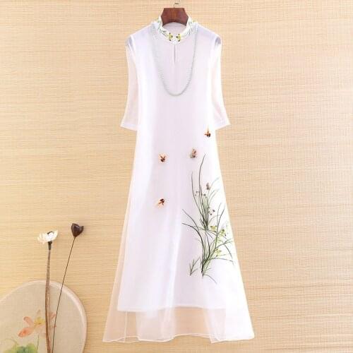 High-end Summer 2020 Organza Women Cheongsam Dress Retro Elegant Embroidery half Sleeve A-line Lady Party Qiapao Dress S-XXL