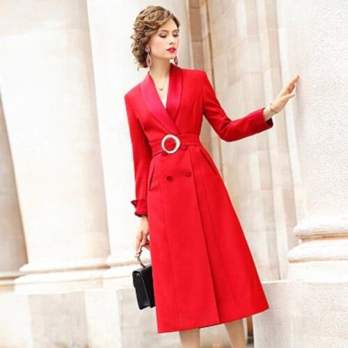 Long length 2021 Notched dresses womens autumn winter solid retro style fashion double breasted professional dress with belt