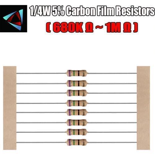 100pcs 1/4W 5% Carbon Film Resistor 680K 750K 820K 910K 1M ohm