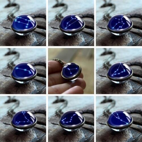 12 Constellations Necklace Double Side Glass Cabochon Pendant Chain Leo Libra Zodiac Sign Women Long Necklace Birthday Gift