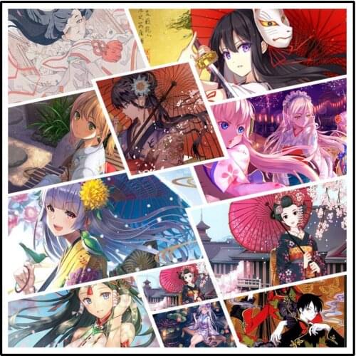 5D Diamond Painting Anime Japanese Beautiful Girl In Kimono with Green Seaweed-Like Long Hair Comic Character Home Decor Picture