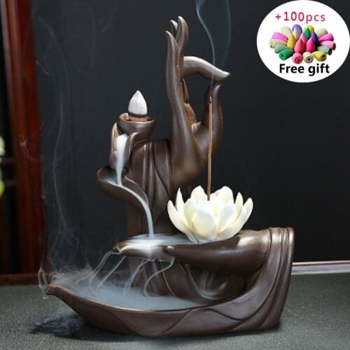 Backflow-Incense-Burner Lotus Ceramic Incense Holder With 100 Incense Cones for Home Decor Yoga Craftwork Figurine