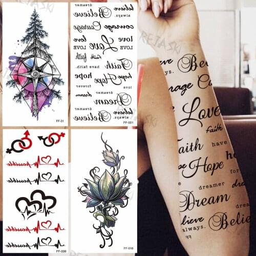 Black Quotes Letter Alphabet Temporary Tattoos For Women Girls Lotus Tree Fake Tattoo Sticker Front Arm Tatoos Back DIY