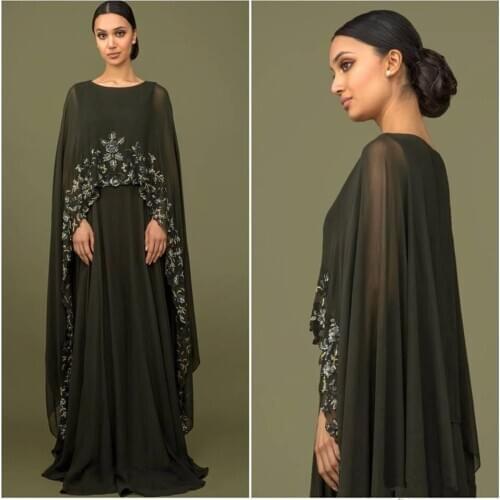 Black Mother Of The Bride Dresses with long cape Chiffon Appliqued embroidery 2021 arabic dubai occasion mother formal gowns