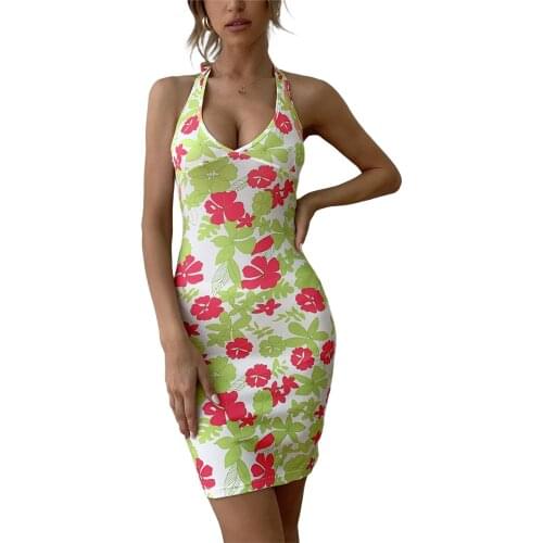 Floral Print Halterneck Strappy Dress Women Female Sleeveless Short Mini V Neck Dress for Summer Sexy Party Clubwear Vestidos