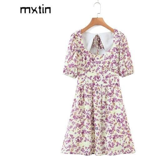 MXTIN 2021 Womens Vintage Spring Floral Print Mini Dress Fashion Puff Sleeve Hollow Out Female Sexy Party Dresses Vestidos