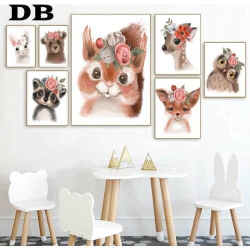 Nursery Wall Art Canvas Painting Raccoon Squirrel Fox Rabbit Bear Deer Owl Posters And Prints Wall Pictures Baby Kids Room Decor