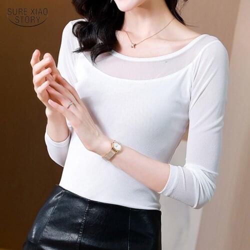 Solid Elegant Slim Tops Female Clothing Off Shoulder Mesh Slicing T-shirts Women Autumn gentle Long Sleeve Blouses Blusas 16715