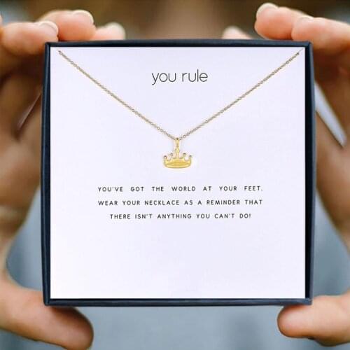 IcareU You Gold Rule Princess Crown Pendant Necklace Wedding Gift Box Birthday Alloy Clavicle Short Chain Make Wish Card New