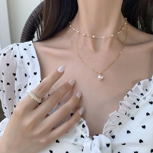 2021 Korean Fashion New Temperament Necklace Net Celebrity Wild Trend Niche Simple Pearl Double Necklace Female Sales Outfit