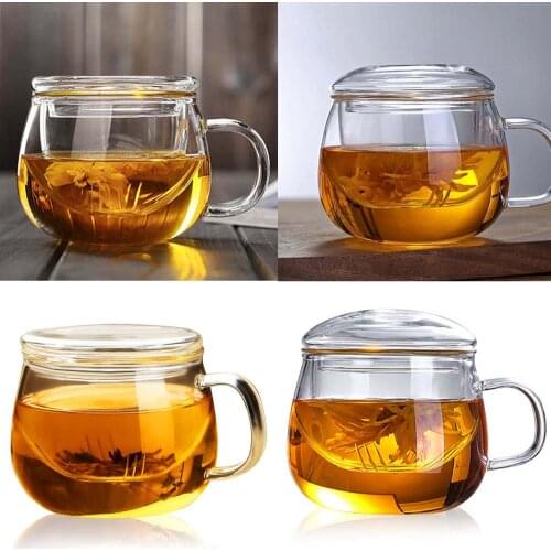 Behogar 12oz Clear Borosilicate Glass Teacup Cups Kettle Mini Teapot with Infuser Basket and Lid for Loose Tea Leaf Brewing