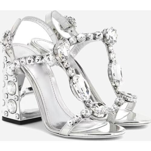 Crystal New Arrivals Square Heel T Strap Sandals Block High Heel Ankle Buckle Summer Ladies Shoes Dress Women Wedding Sandals