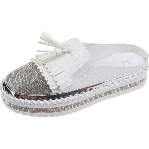 Womens Close Toe Slippers Rhinestone Fringes Decor Comfy Chic All Match Solid Color Thick Sole Slippers