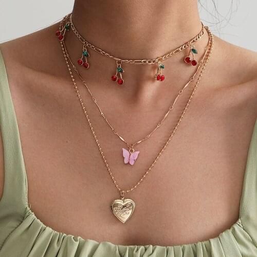 Vintage Cute Cherry Butterfly Heart Pendant Necklace Women Fashion Multilayer Geometric Chains Necklace Pendants Jewelry Kolye