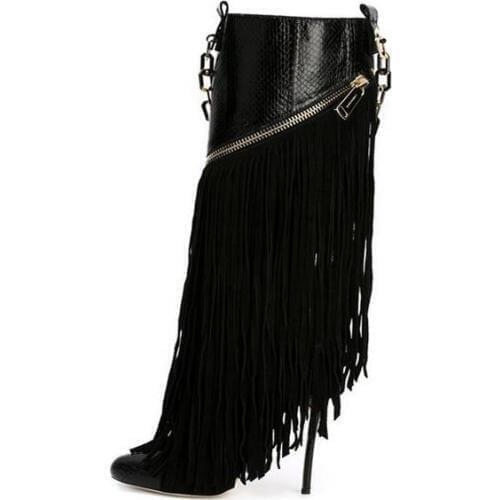 Hot Selling Black Snakeskin Boots Fringe Chain Decor Women Winter Boots Patchwork Zipper Tassel Meatl Decoration Knee High Boot